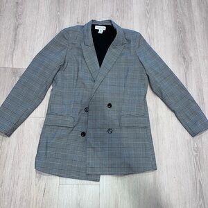 Gray Plaid Double-Breasted Blazer